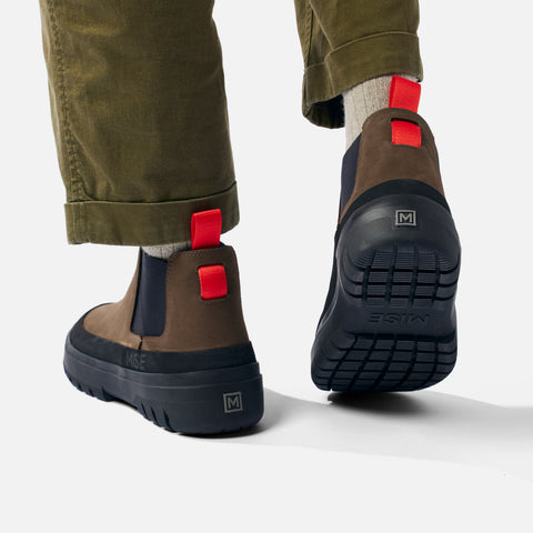 MISE Chelsea Boot in brown on foot heel view