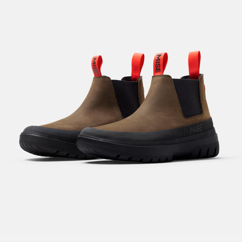 MISE Chelsea Boots in brown three quarter front view